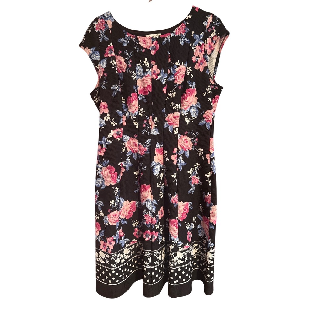 ELLE‎ Black Floral Print Fit Flare Dress XL Cap Sleeve Knee Length